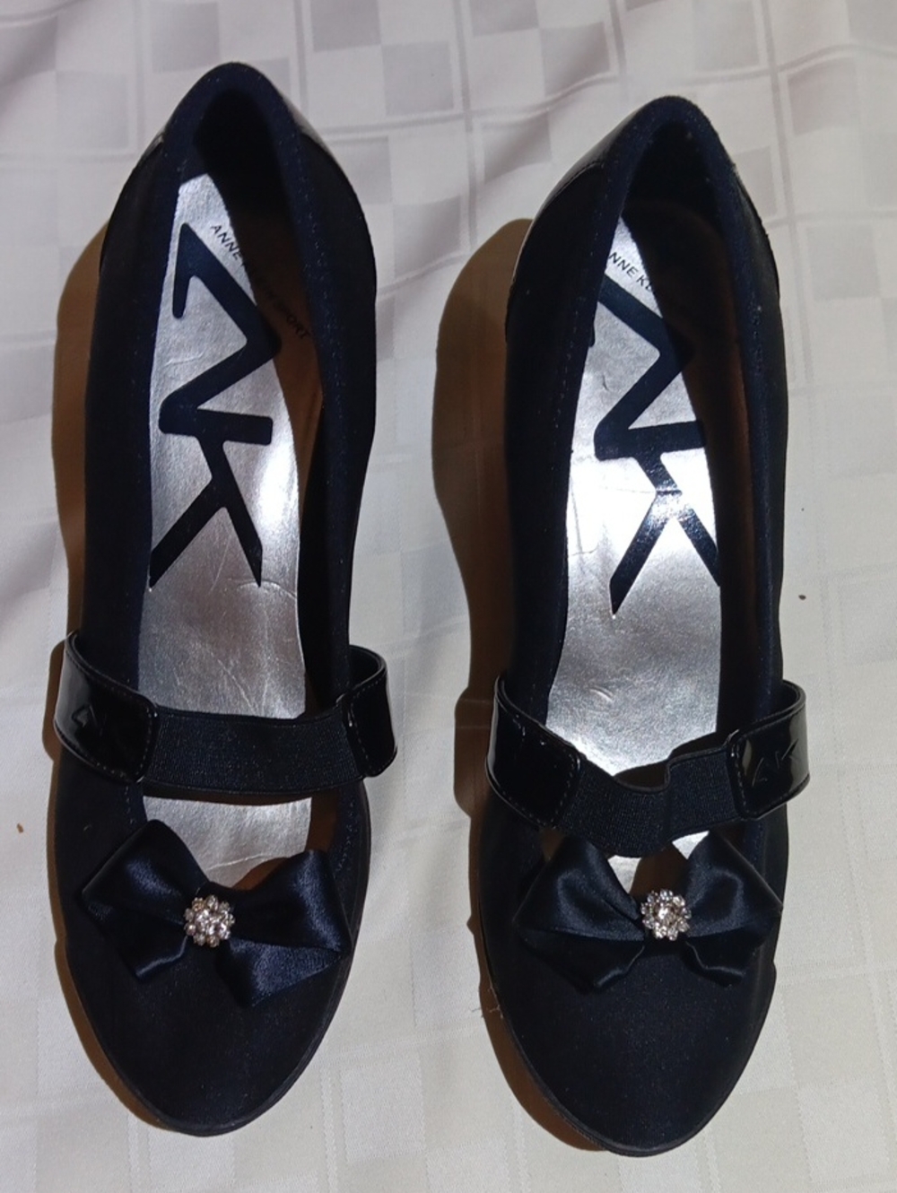 Anne Klein Black Satin Mary Jane Flats with Bow and Crystal Accent